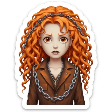 cinematic Megadeth - iconic corpse made of rusty metal with chains on its teeth, huge curly orange hair sticker