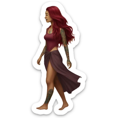 Beautiful tattooed  burgundy long haired woman walking on the beach sticker