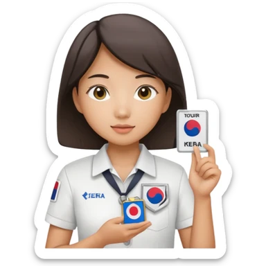 A young Asian guide holding her tour license in both hands, wearing a white shirt with the South Korea badge on her chest. sticker
