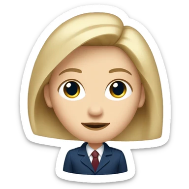 An adult girl, blue eyes, straight blond hair, dark blue jacket suit, burgundy office shirt. sticker