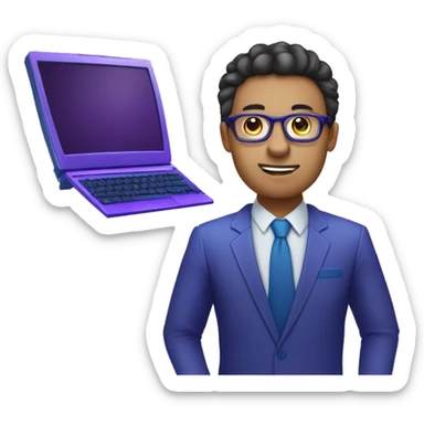 Développeur web  intelligent avec des cheveux qui porte des lunettes avec un pc dans les mains. Il porte un maillot bleu et violet sur lequel est écrit : Nocode Afrique sticker