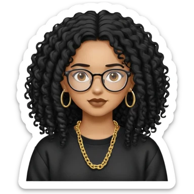 Mixed girl /curly long hair black / with black eyes glasses black sweat shirt middle part flat piercing and gold chain  sticker