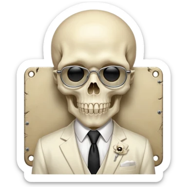 cinematic realistic - Megadeth icon - Megadeth - a politician in an ivory ethereal suit wears a white tie, has a skull instead of a head, and instead of glasses, has a metal plate with screws over his eyes sticker