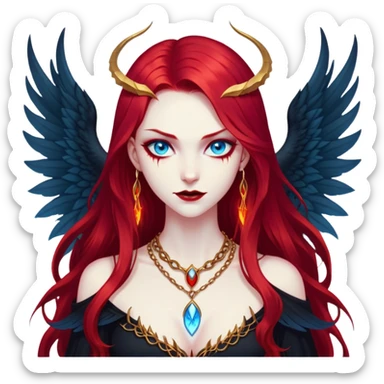 half body portrait of an extremely diabolical girl with pale white skin, massive towering wings, very long flowing blood red hair, glowing blue eyes, black hellfire aura, no horns, evil grin, gold necklace sticker