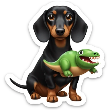 Black and tan dachshund with a small Dino toy in its mouth sticker