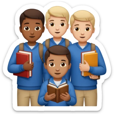 generate a group of 3 boys, all different looking.Holding books. one of them calling on a mobile sticker