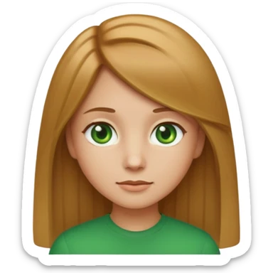 apple style emoji of a girl with light brown (русые) hair, 1A-1B straight hair texture, green eyes sticker