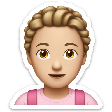 A pale white woman with brown hair up In a ponytail wearing pink t shirt and overalls sticker