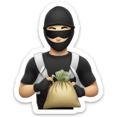 a thief in a black and white T-shirt and a black mask running with a bag of money sticker