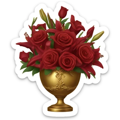 A Baroque-style still life with a bouquet of deep red roses and lilies in a gilded vase, draped in velvet fabric sticker