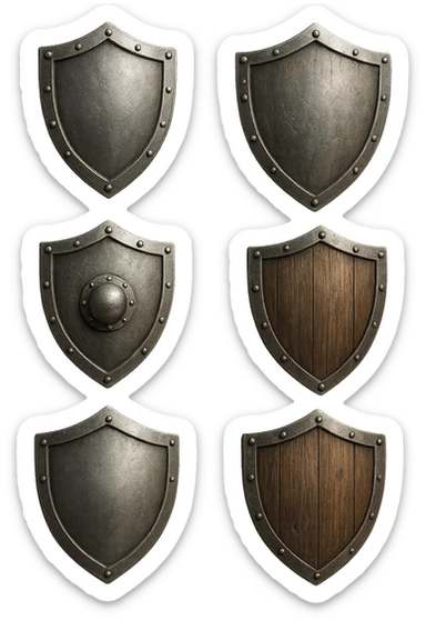 6 scudi che simboleggiano "difesa e protezione", realistici in 3d fluttuano in aria, iperrealistico 4k sticker