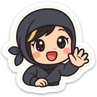 Super cute kawaii chibi style ninja girl with big sparkling eyes, round face, soft colors, playful charm, black short hair with a blonde streak, only head and arms visible, bold outlines, no mask, hand fully raised waving forward toward viewer, smiling, sized for Twitch emoji use. sticker