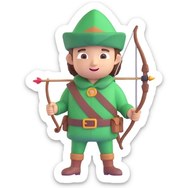 Robin Hood, classic English folk hero, green hat and bow, 3D emoji style sticker