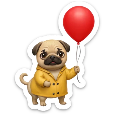 pug in yellow raincoat holding red balloon sticker