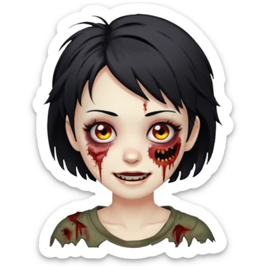 Zombie girl with messy black short hair with lashes and torn cheek and smiling face sticker