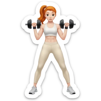 Ginger gym girl standing sideways with dumbbells and cream athleisure pants clothes sticker