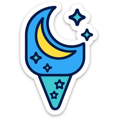 Add a cone with stars to the moonbeam ice cream, keep stylized crescent moon shape, sparkles, and cool tones, emphasizing a sleek and modern look. sticker