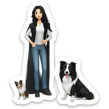 aa family photo a a family photo of a 30-year-old boy with very long black hair next to a black and white border collie sticker