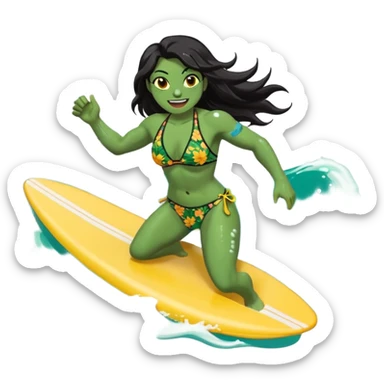 ork female holding small yellow bodyboard, running through shallow turquoise waves, muscular green body, bright floral bikini, fierce joyful grin showing tusks, long wet dark hair splashing, foam and spray, minimalist beach and ocean background, centered emoji, vibrant summer colors, sticker style sticker