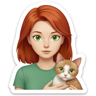 redhaired woman holding a siamese cat, greenish gray eyes, green t-shirt, layered hairstyle, 4k sticker