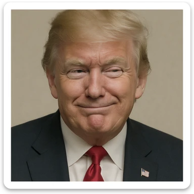 Reduce contrast for a softer look and enhance the very sly, cunning expression on Donald Trump's face, keeping photorealistic quality and plain background. Maintain photorealistic style with a plain background. sticker