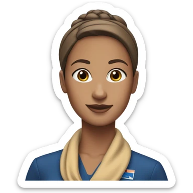 Brown tan skin flight attendant, brown hair in a bun, blue uniform, blue neck scarf sticker
