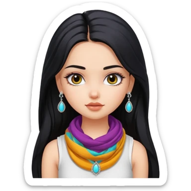 a pretty bratz girl with long black hair, kajal under eyes, small silver jhumkas. White tank top on. Colourful scarf around neck sticker