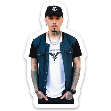 a man with a shaved head, goatee, pierced ear, and green eyes, wearing a black baseball cap, black shirt, jeans, and tattoos on one arm, pixel art style, hands in pockets sticker