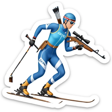 An icon featuring snow-covered trees, distant mountains, and a clear blue sky with a biathlete in motion, holding a rifle and skiing across a snowy course. Transparent background highlights the precision, endurance, and excitement of biathlon. sticker