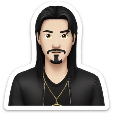 Chinese Man with pale skin, very long black hair, black goatee, square jawline, eyeliner, black leather jacket, black pants, black shirt and pentacle necklace sticker