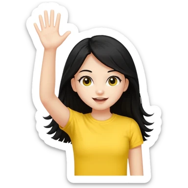 A long black hair teen girl waving pom-poms, eyes sparkling with excitement, yellow top sticker