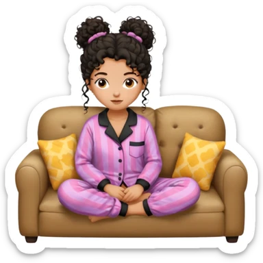 Tan girl, black curly messy hair in bun, on couch in pajamas sticker