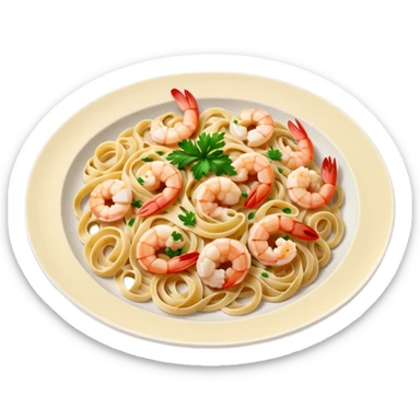 create a Whole Shrimp Linguini Camera angle: slightly elevated top-down view with a gentle bird’s-eye perspective (about 15–20°), identical perspective and scaled do not add anything on plate

 sticker