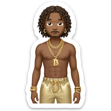 Bizzy Bone with dark brown hair, metallic cream baggy pants, shirtless with necklace sticker