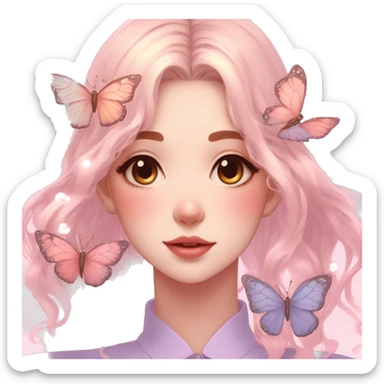 Gorgeous pastel anime style lady with blushing face and butterflies aesthetic trending style sticker