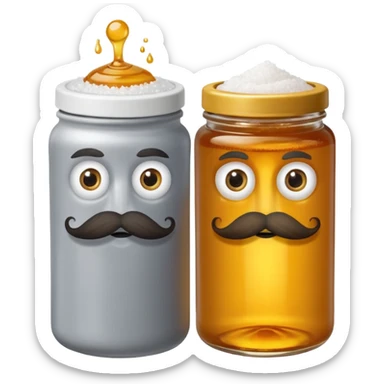 Garama and Madundung are together a gray container of salt and a honey container with a cloth on top. They each have eyes with white in the middle, a mouth, nose, and mustache both customary to their colors. They have hairy legs and emit an aura of salt (Garama), and honey (Madundung). sticker