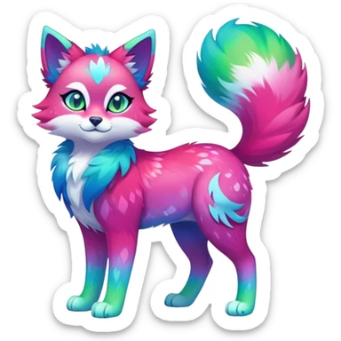 Vibrant multicolored neon-colored Falvie-Fionbri-creature-sparkle-feline-canine-hybrid-fursona, full body, fur pattern-markings sticker
