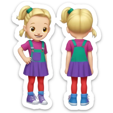 A little blonde girl with pigtails and little purple bows wearing a red long-sleeved shirt and purple overalls skirt with blue tights with green polka dots and purple sneakers, full body, rugrats sticker