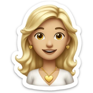 Smiling girl indoors with blonde highlights, gold earrings and a gold heart necklace wearing a v neck blouse blowing a kiss sticker