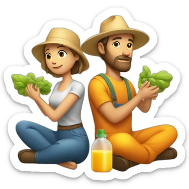 male and female farmer meditating with juice bottle sticker