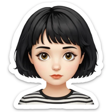 Gorgeous french woman short french haircut tousled textured messy wavy hair short straight-across blunt baby bangs black hair Amelie elegant woman with beautiful hair aesthetic striped white shirt sticker