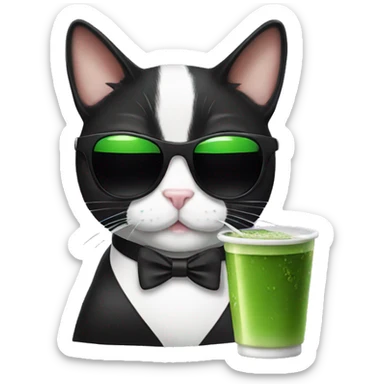 Tuxedo cat with sunglasses drinking matcha sticker