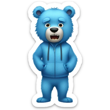 Teenager Fuzzy blue bear wearing clothes being scared and holding face  sticker