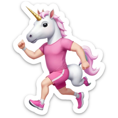 friendly anthropomorphised male white unicorn with a stocky, strong build, white arms and legs, wearing grey shorts and pink t-shirt, dark sunglasses, jogging upright in a standard pose sticker