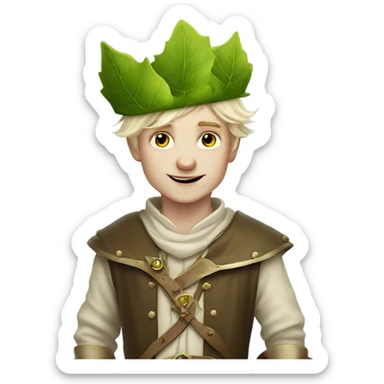 whimsical fairytale medieval pale boy who is tiny and wearing a leaf hat sticker