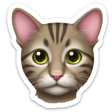 - **Face**: Round, big greenish eyes, pink nose, serious look. - **Ears**: Upright with fur tufts. - **Fur**: Dark tabby with light chin. - **Vibe**: Dignified and curious. sticker