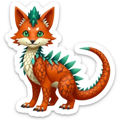 Kawaii cute reddish orangish greenish exotic tribal beautiful pretty elegant divine edgy feline-vernid-sergal-Fakémon-Pokémon-Digimon-fursona-animal-creature with accessories, jewelries, full body, with intricate detailed markings, furs, fins, scales, spiny sticker