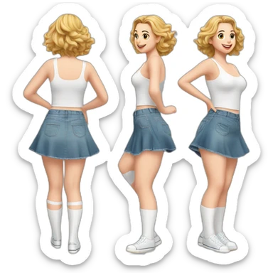 realistic full body caucasian curvy beauty jumping short transparent skirt back and front views strong wind white knickers long white socks sticker