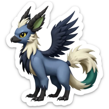 Dark-deep-colored gryphon-Trico-Nargacuga-Absol-Leafeon-Sprigatito-Silvally-fusion-hybrid with a long tufted tail, black beak, black claws, black tail, majestic, realistic, furry (full body) sticker