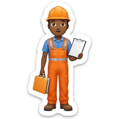 Indian male railway engineer orange overalls, boots holding a clipboard facing away sticker